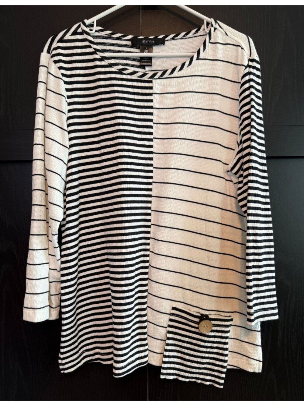 Ali Miles Black White Artsy Striped Tunic Blouse Small Lagenlook Long Sleeves